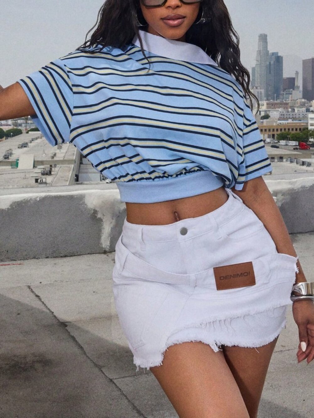 Blue Casual Women's Asymmetrical Collared Neckline Striped Cropped Polo Top